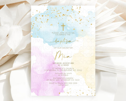 Editable Pastel Baptism Invitation Pastel Colors Watercolor Baptism 1st Birt
