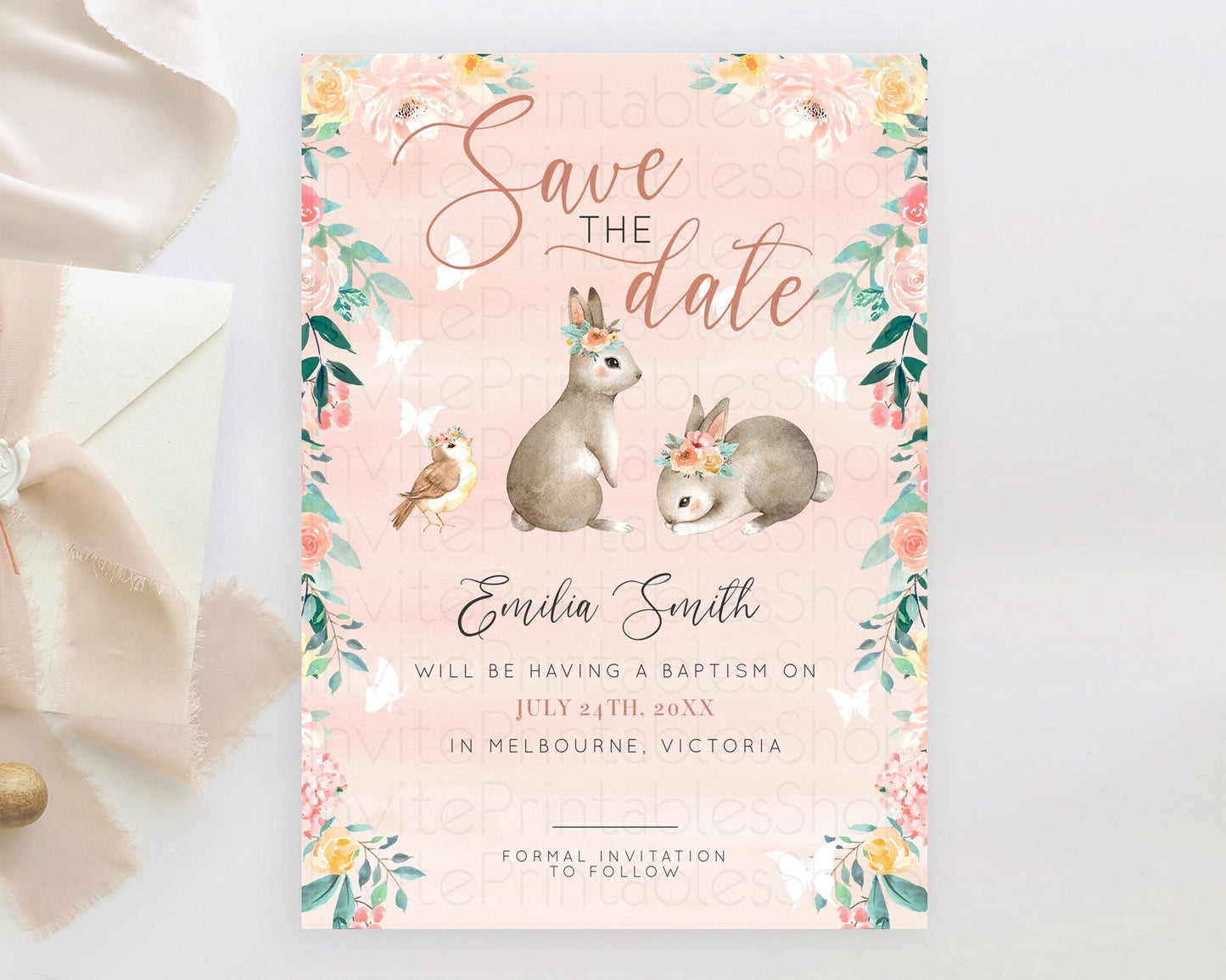 Floral Bunny Save The Date Template Pastel Flowers Forest Bunny Secret Garden Some Bunny Party 1st Birthday Baby Shower Baptism D10922