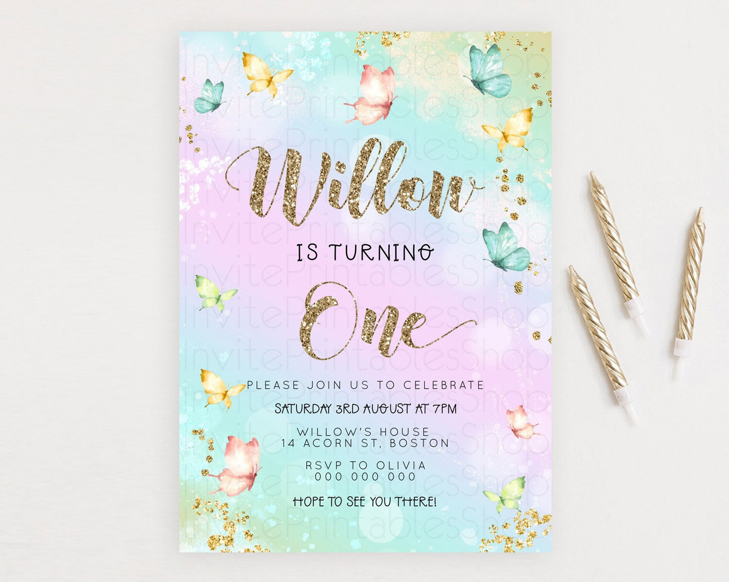 Pastel Butterfly Birthday Invitation Butterfly Birthday Invitation Colorful Splash Glitter Butterfly Garden 1st 2nd Birthday D23090