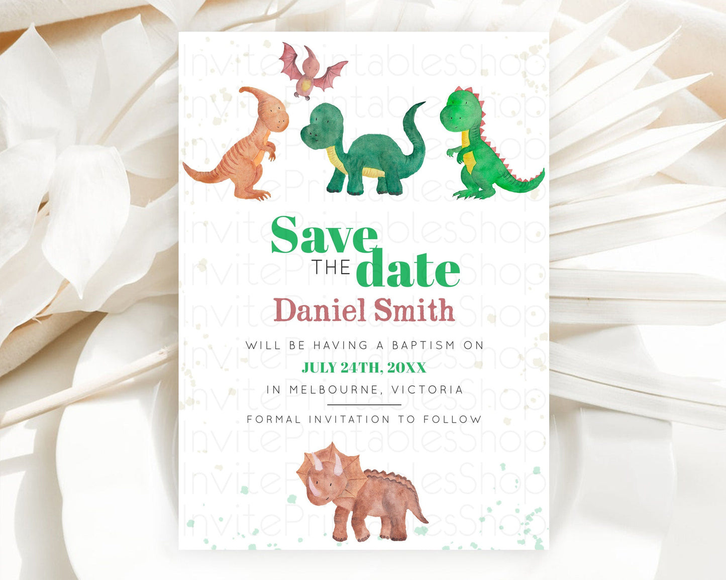 Dinosaur Save The Date Template Dinosaur Volcano Watercolor Volcano T-Rex Raptor Jurassic Party 1st Birthday Baptism Baby Shower D10153