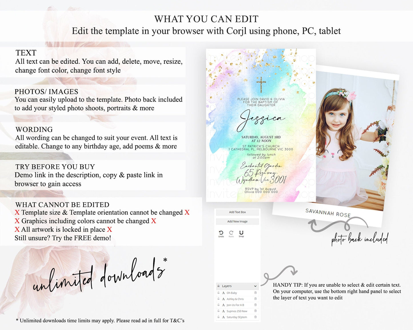 Pastel Baptism Invitation Pastel Colors Watercolor Baptism 1st Birthday Party Gold Ombre Pastel Rainbow Christening Holy Communion D10640