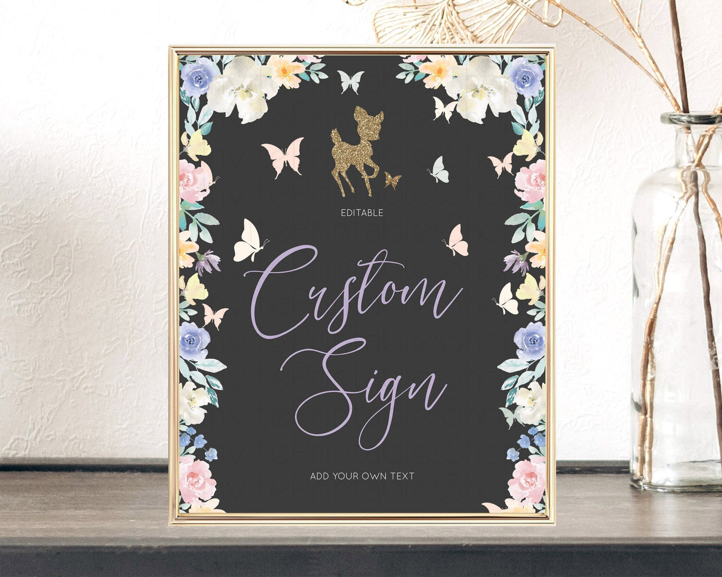 Fawn Deer Sign Pastel Floral Deer Table Sign Decor Enchanted Forest Butterfly Party 1st Birthday Baptism Baby Shower Bridal Shower D10323
