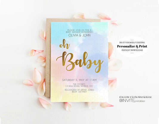 Rainbow Baby Shower Invitation Pastel Invitation Colorful Oh Baby Invite Watercolor Splash Gold Foil Glitter Ombre Pink Blue Yellow