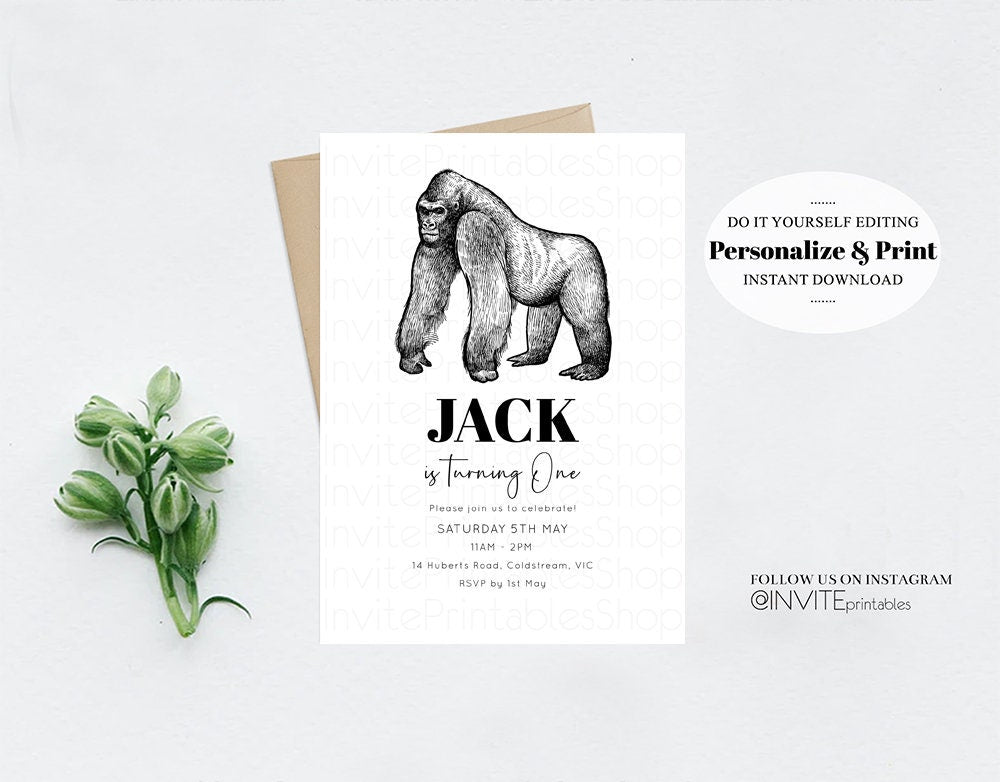 Gorilla Birthday Invitation Gorilla Invite Jungle Safari invite Watercolor Tropical Palm Invite Adventure Zoo Party Wild Animal Party