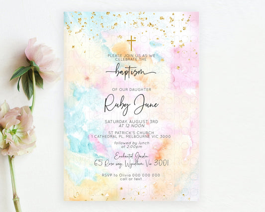 Pastel Baptism Invitation Pastel Colors Watercolor Baptism 1st Birthday Party Gold Ombre Pastel Rainbow Christening Holy Communion D10548