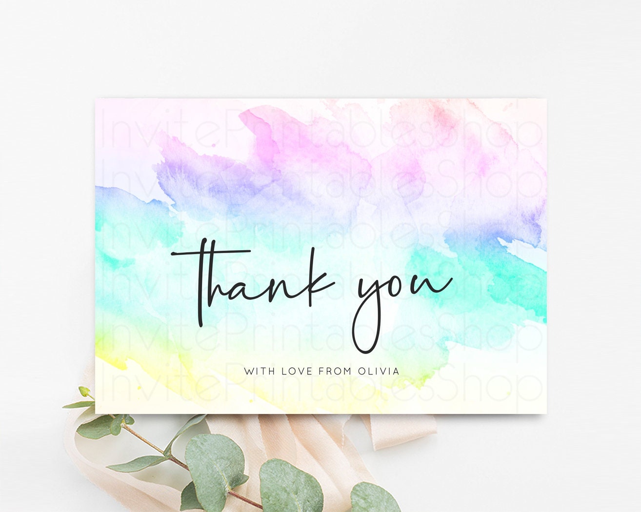 Pastel Rainbow Thank you Colorful Watercolor Folded Gift Cards Custom Note Message Glitter Birthday Engaged Baby Shower Wedding Guests F210