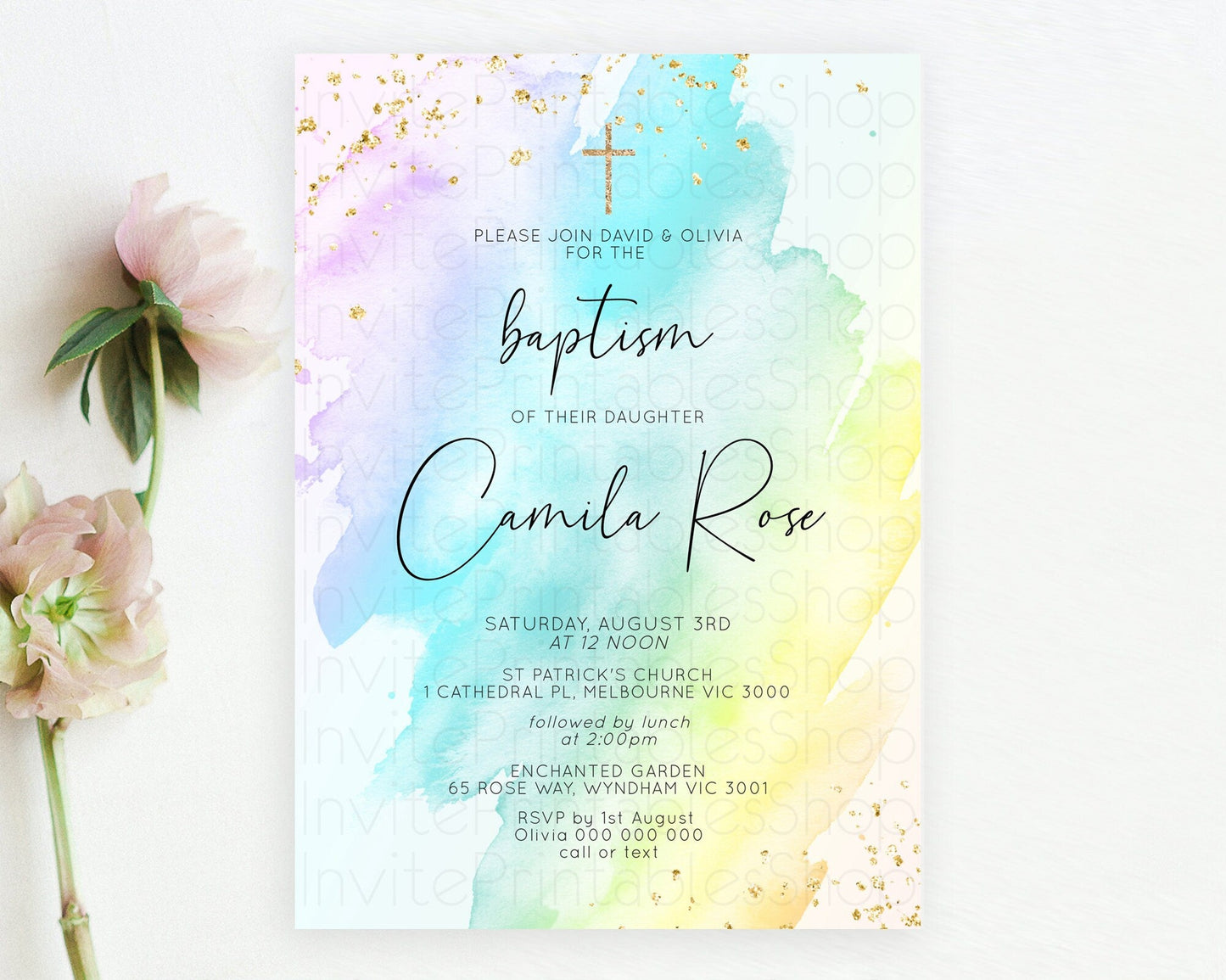Pastel Baptism Invitation Pastel Colors Watercolor Baptism 1st Birthday Party Gold Ombre Pastel Rainbow Christening Holy Communion D10773