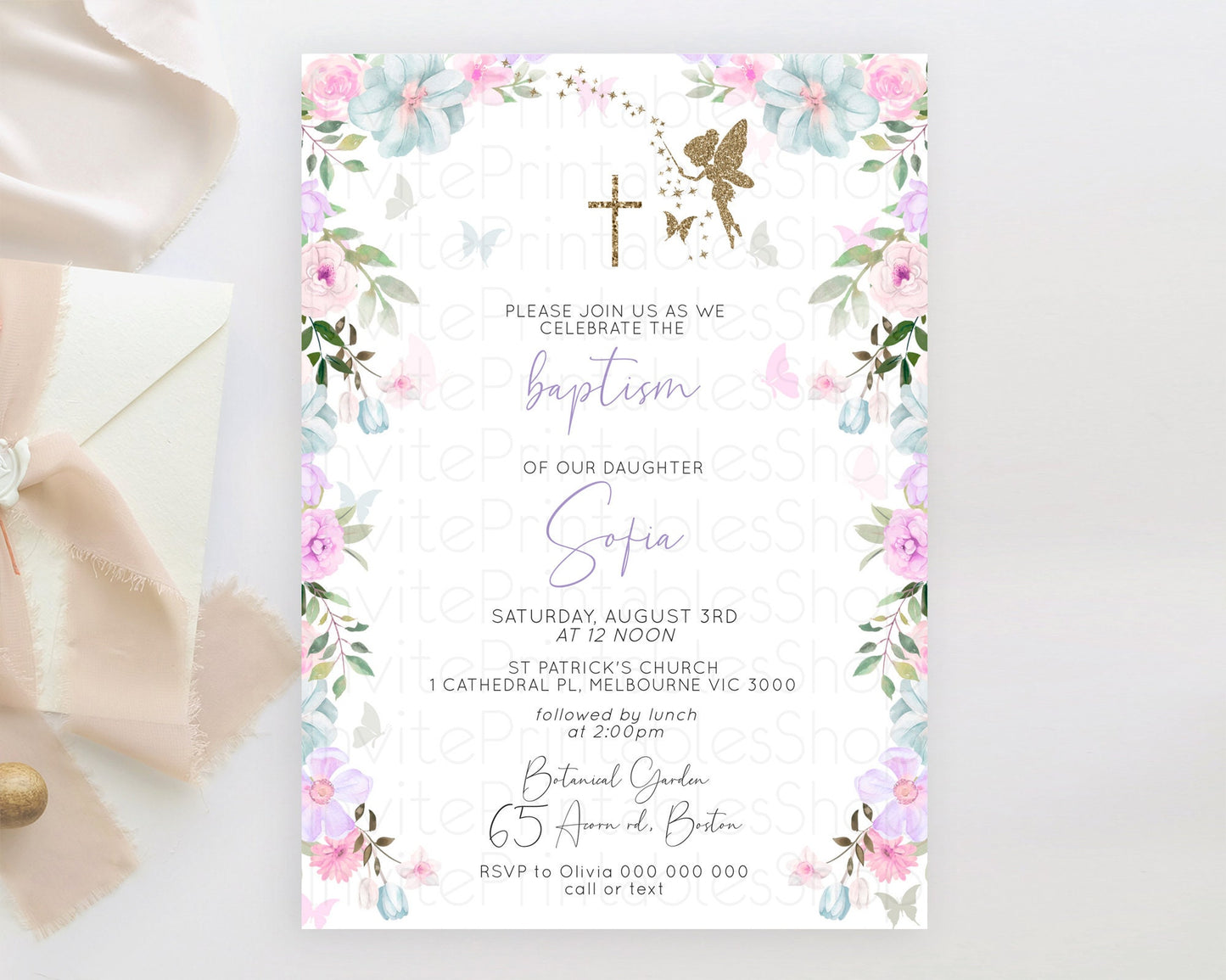 Fairy Baptism Invitation Fairy Baptism 1st Birthday Invitation Enchanted Secret Garden Christening Invite Pastel Floral Butterfly D10475