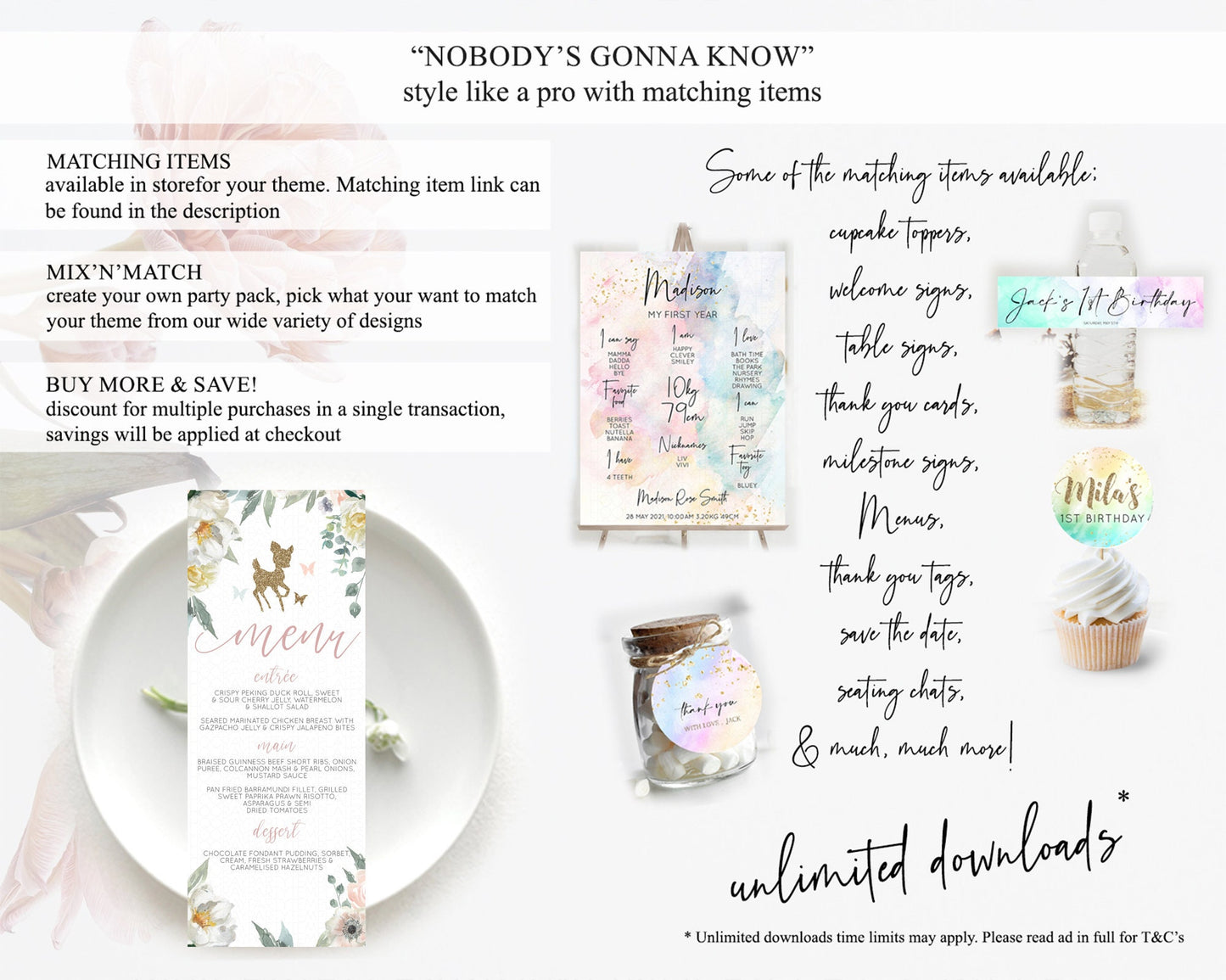 Fawn Menu Deer Menu Template Pastel Floral Deer Table Decor Enchanted Forest Butterfly Floral Dinner Dessert Menu Party Food Menu D10120