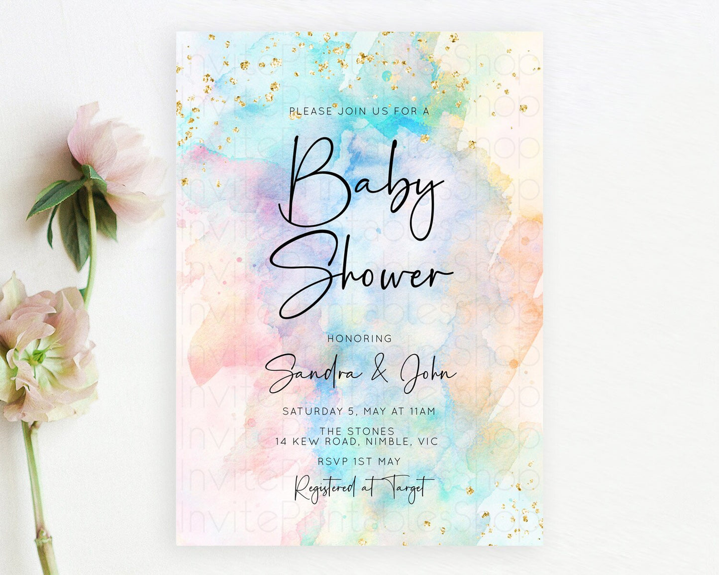 Pastel Baby Shower Invitation, Pastel Watercolor with Gold Glitter Sprinkles, Colorful Rainbow - Teal Orange Pink Ombre Splash D10266