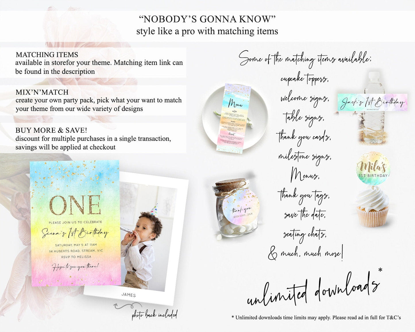 Rainbow Birthday Invitation Colorful Pastel Watercolor Invitation Gold Glitter Sprinkles Ombre Pastel 1st 2nd 3rd Birthday D10483