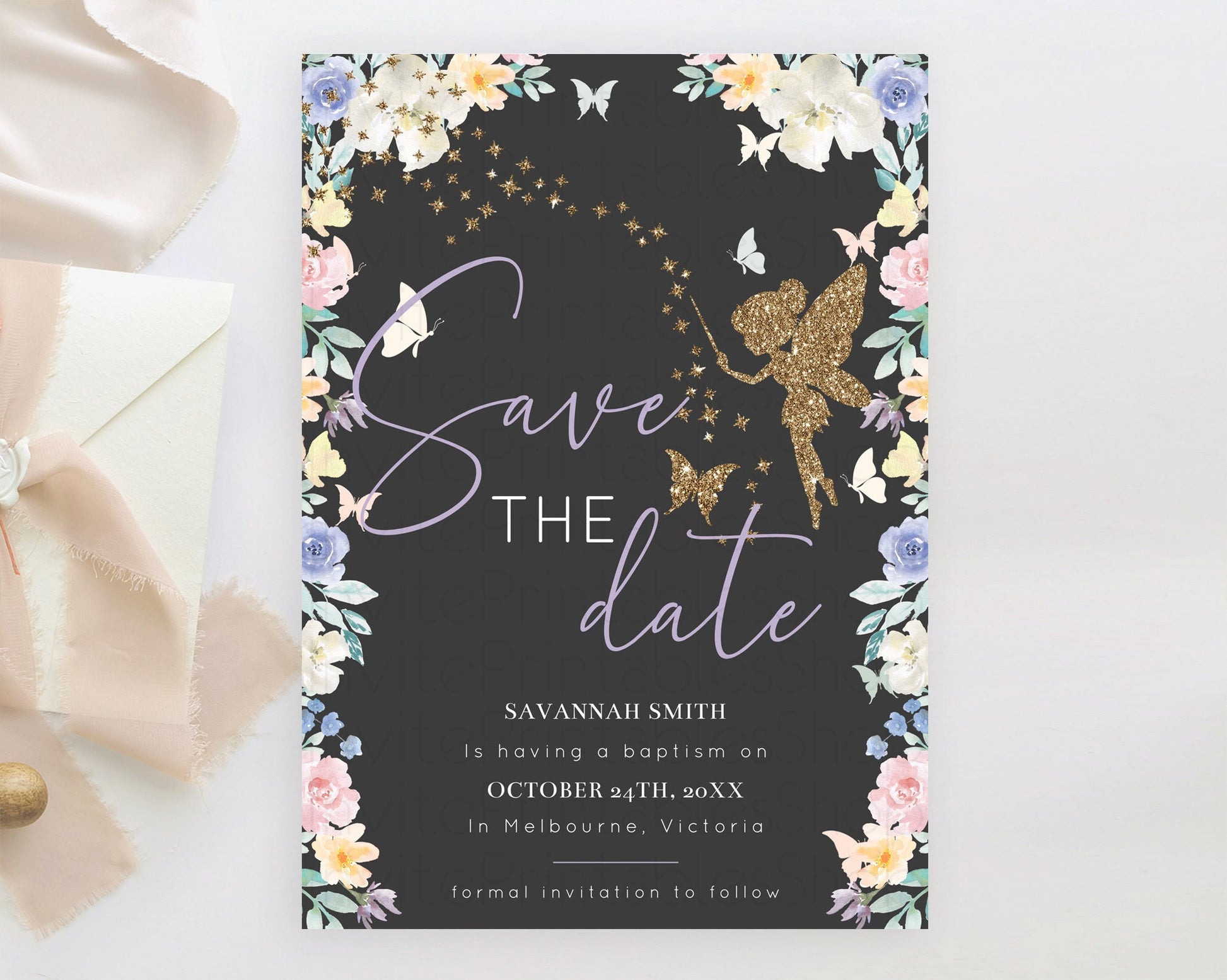 Editable Fairy Save The Date Template Enchanted Garden Pastel Floral Butterf
