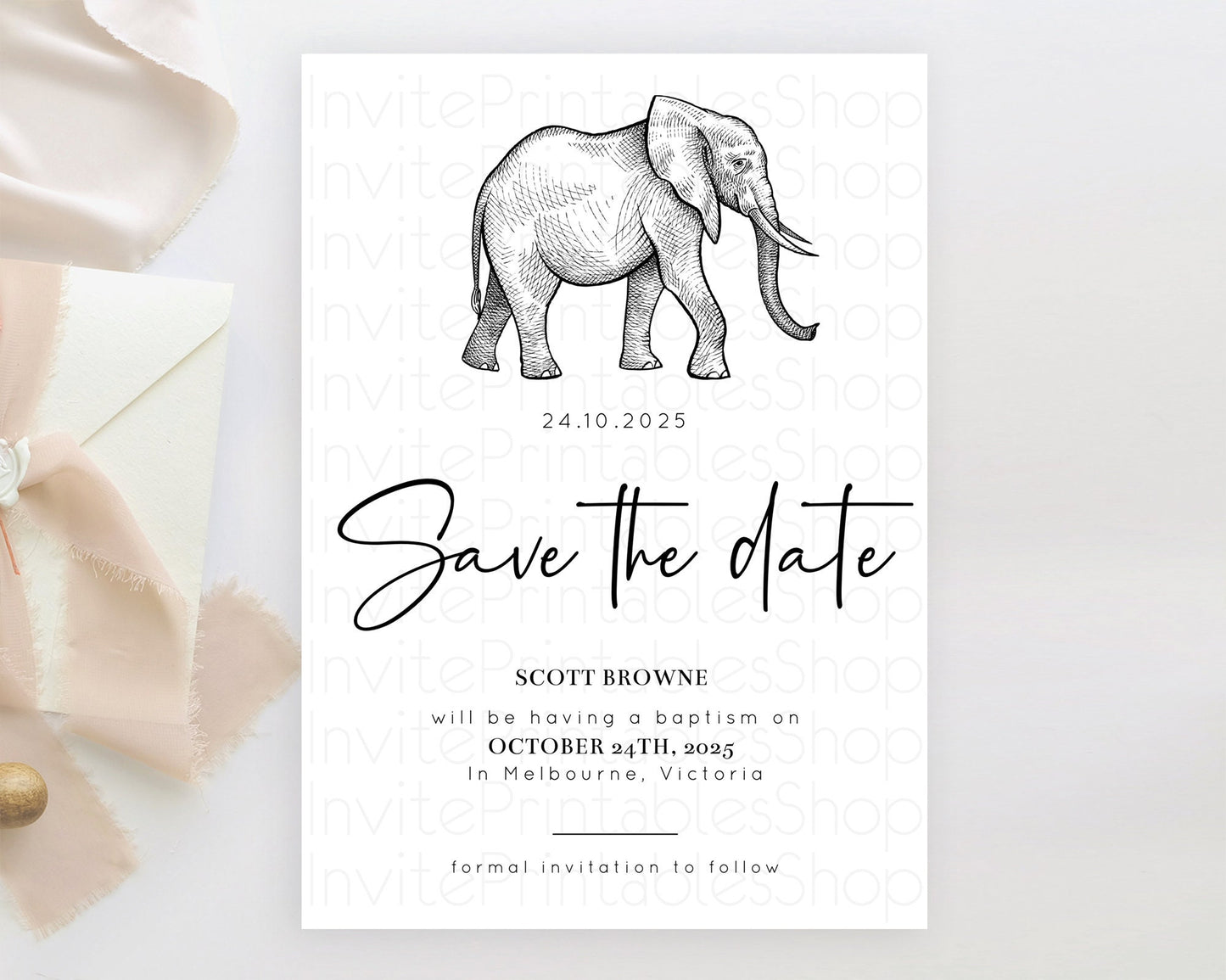 Elephant Save The Date Template Elephant Safari Adventure Party Dried Palm Fern Zoo 1st Birthday Baptism Baby Shower Bridal Shower D10248