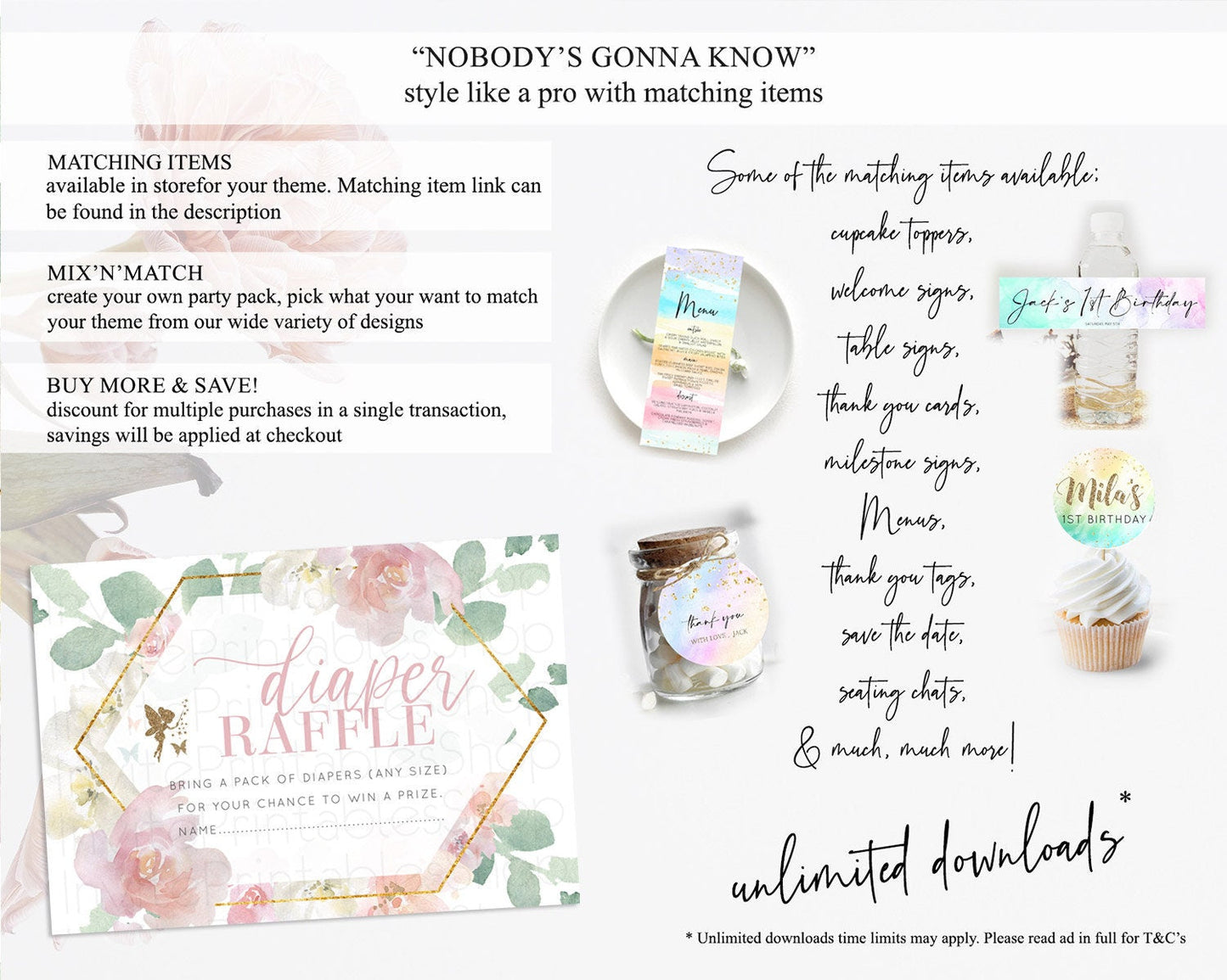 Fairy Diaper Raffle Card Fairy Diaper Insert Enchanted Garden Fairy Diaper Ticket Pastel Floral Butterfly Secret Garden Raffle Game D10965