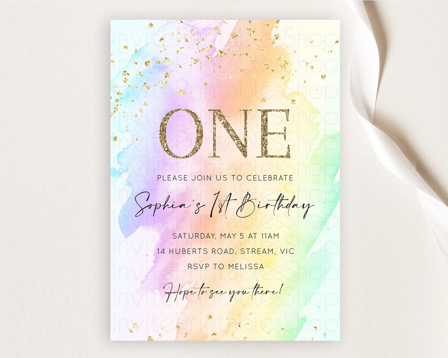 Rainbow Birthday Invitation Colorful Pastel Watercolor Invitation Gold Glitter Sprinkles Ombre Pastel 1st 2nd 3rd Birthday D10645