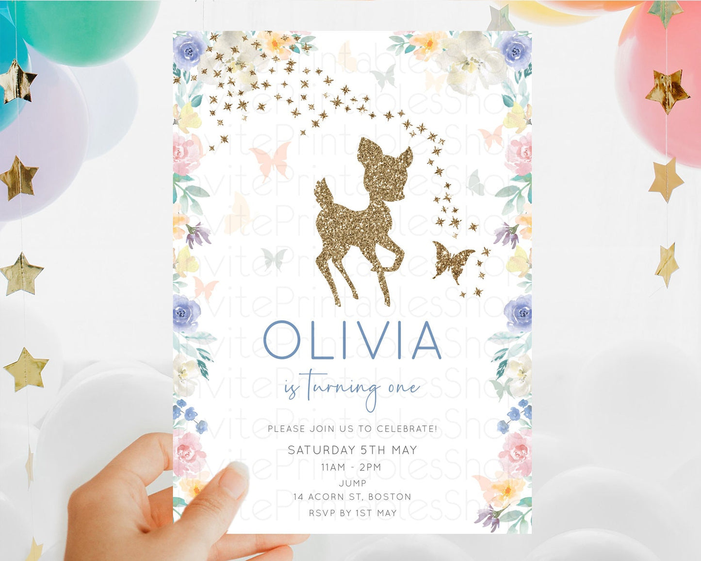 Fawn Birthday Invitation Deer Birthday Invitation Enchanted Forest Party Butterfly Pastel Flowers Whimsical 2nd 1st First Birthday D10878