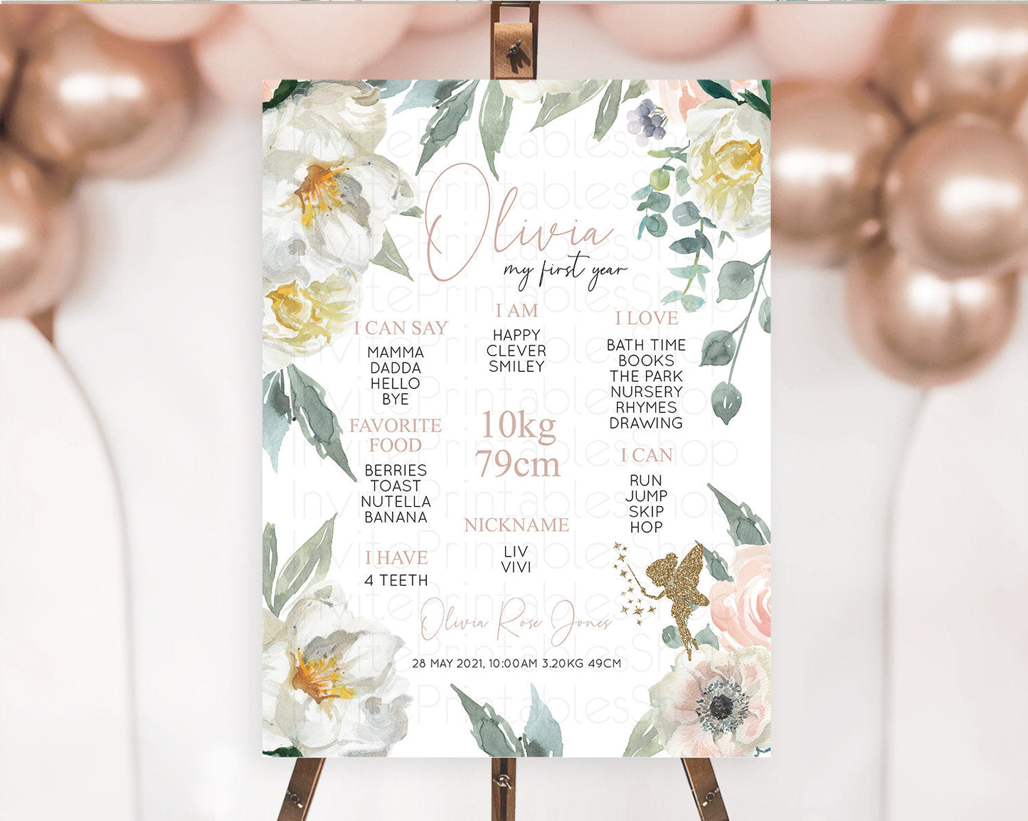 Fairy First Birthday Milestone Poster Fairy Secret Garden Milestone Board Enchanted Garden Pastel Floral Butterfly 1st Birthday Sign D10800