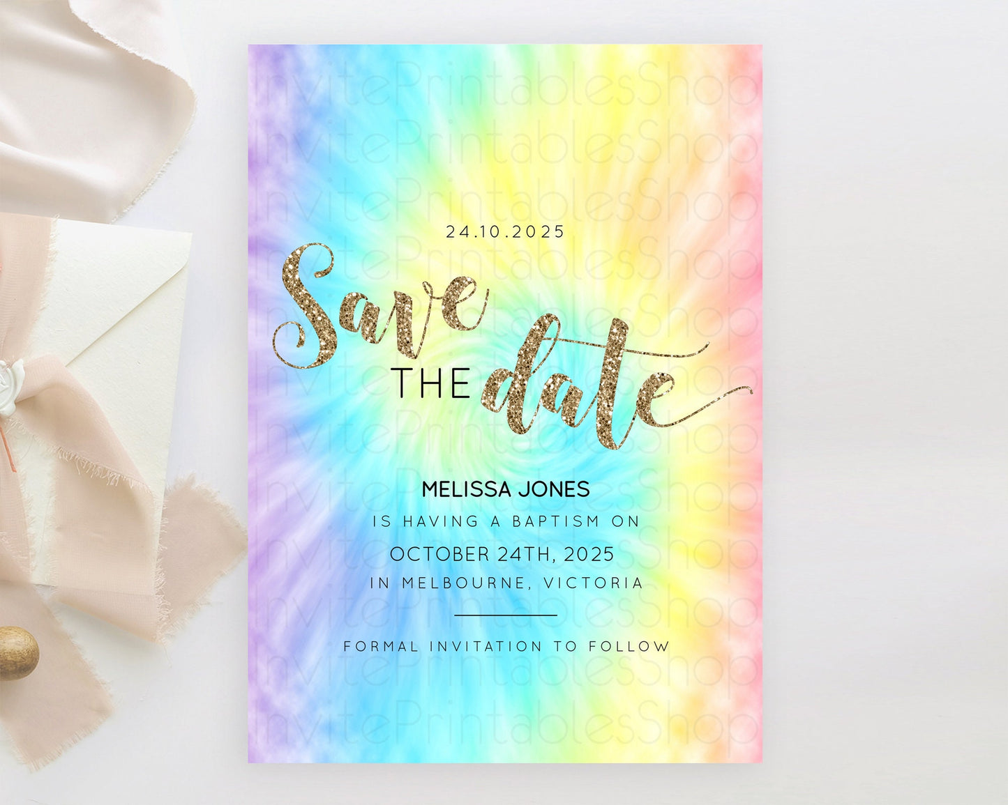 Tie Dye Save The Date Template Rainbow Pastel Ombre Watercolor Party For 1st Birthday Baptism Baby Shower Bridal Shower Wedding D10580