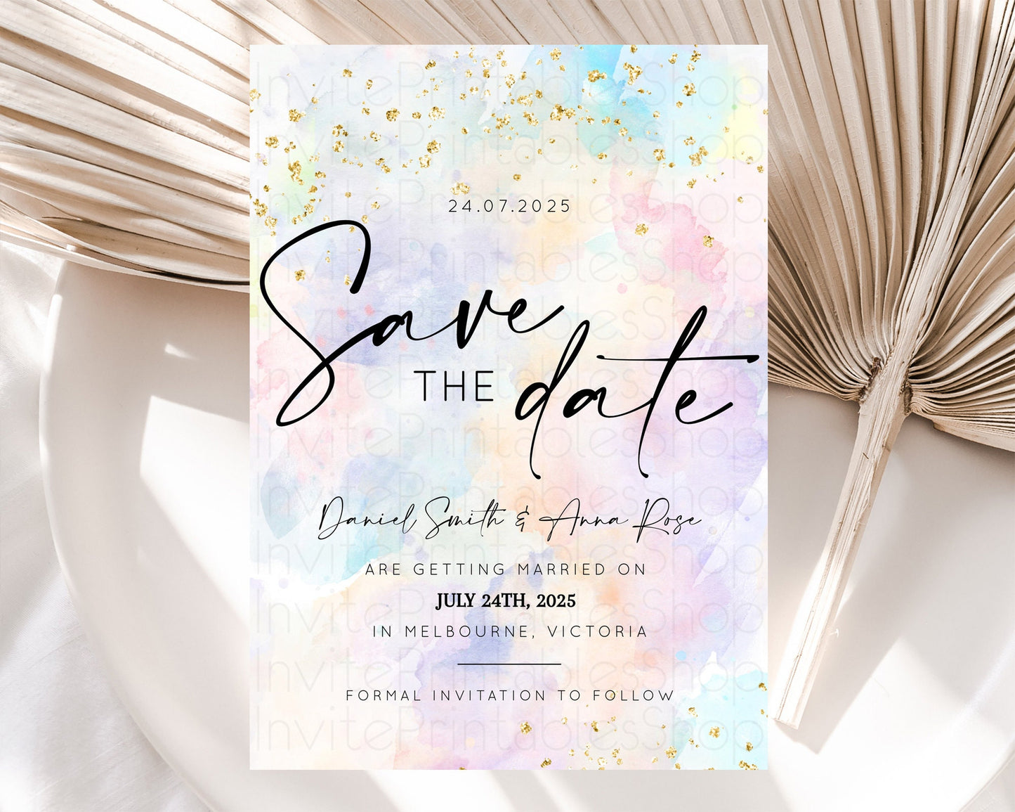 Pastel Save The Date Template Pastel Ombre Rainbow Watercolor Colorful Party For Birthday Baptism Baby Shower Wedding Bridal Shower D10605