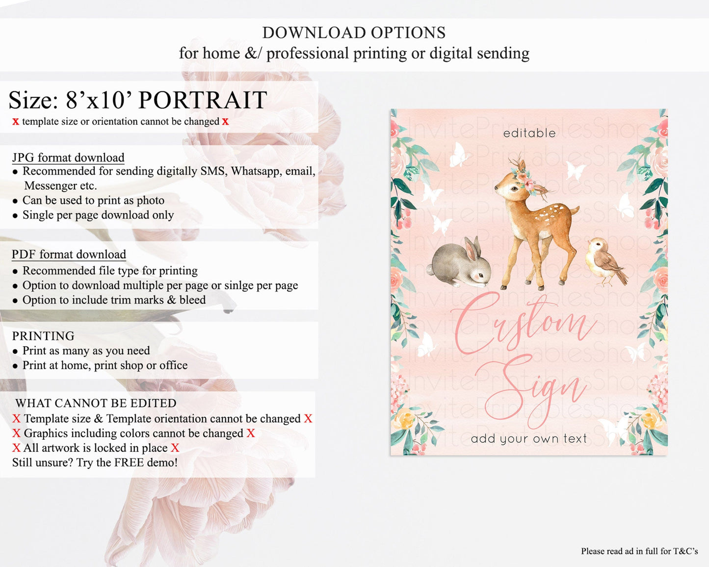 Fawn Deer Sign Pastel Floral Deer Table Sign Decor Enchanted Forest Butterfly Party 1st Birthday Baptism Baby Shower Bridal Shower D10921