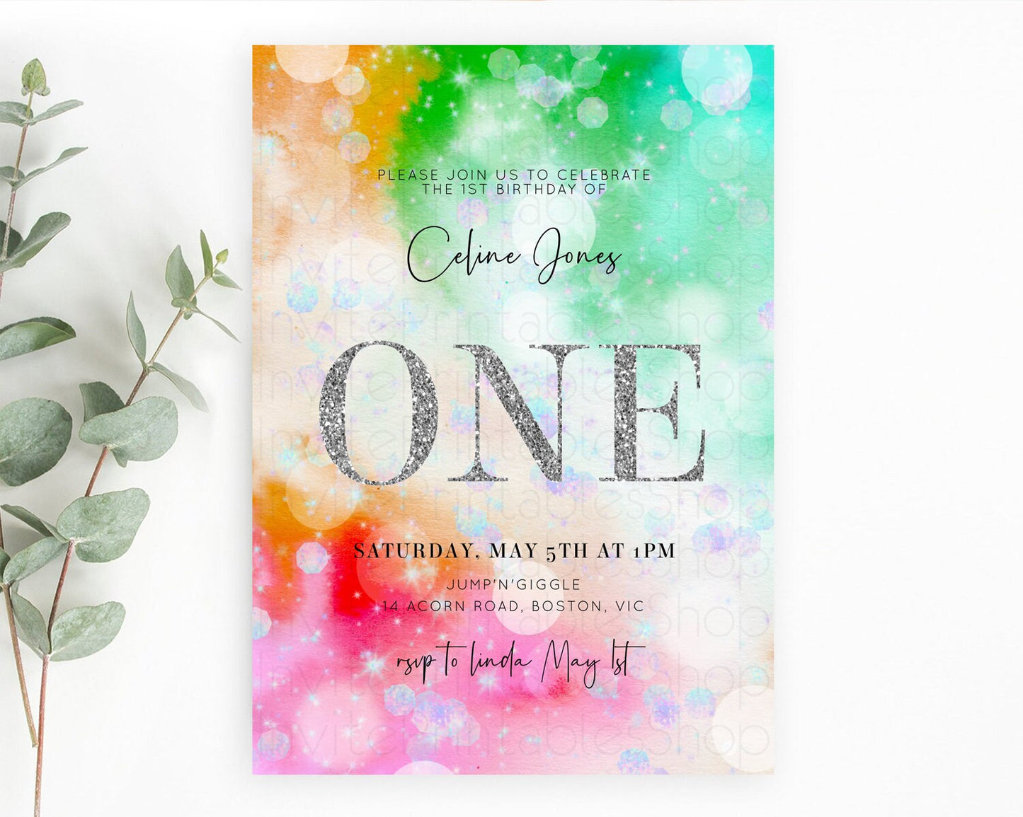 Rainbow Birthday Invitation Colorful Pastel Watercolor Silver Glitter Sprinkles Ombre Pastel Invitation 1st 2nd 3rd First Birthday D10691