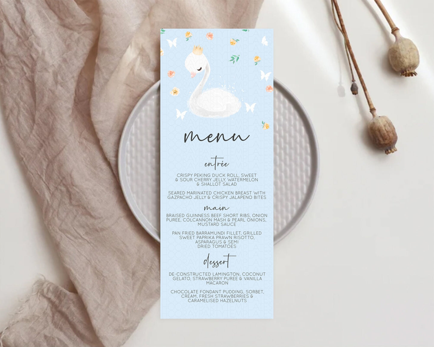 Swan Menu Swan Princess Ballet Menu Template Enchanted Swan Lake Table Decor Secret Garden Pastel Floral Dinner Dessert Food Menu  D10903