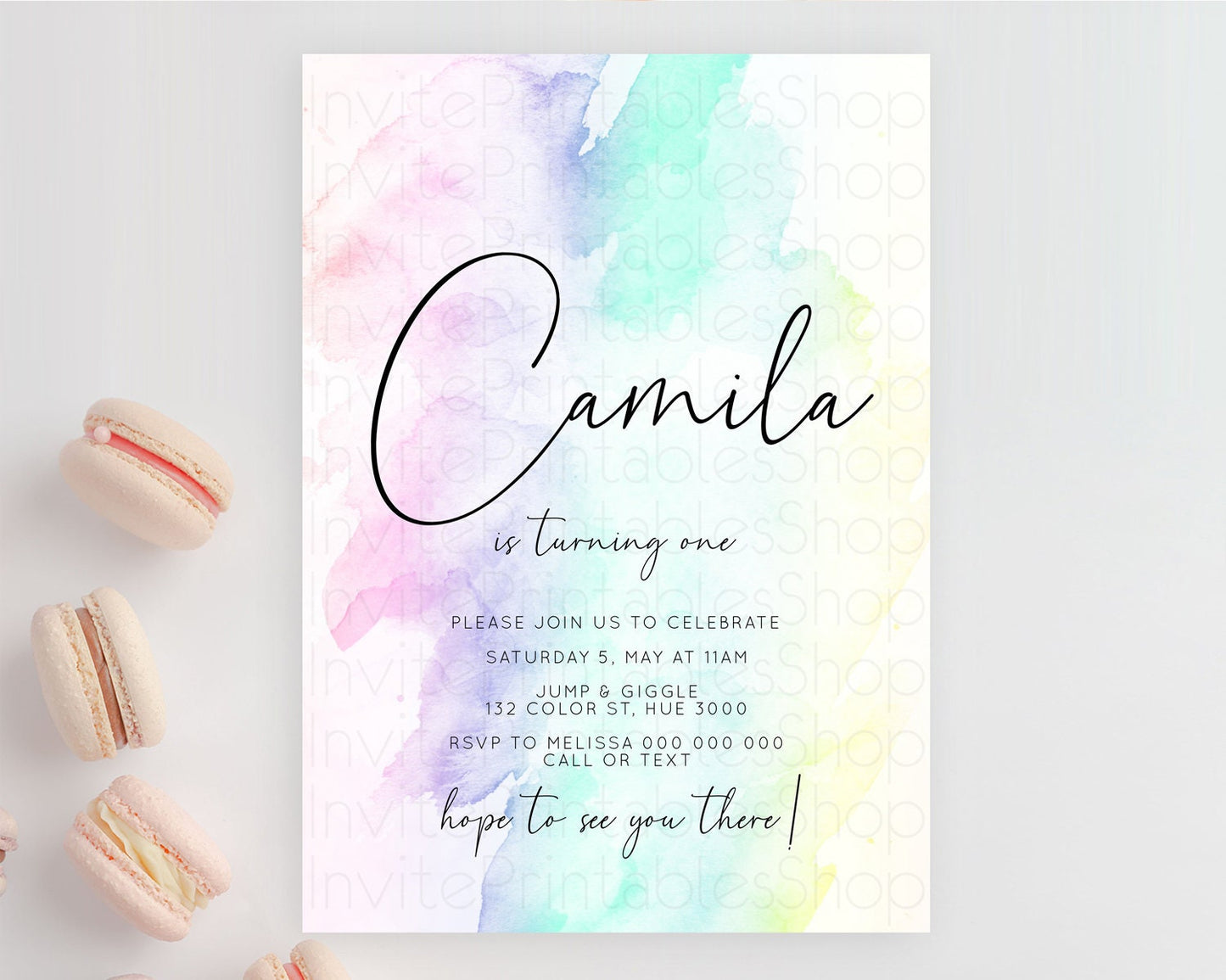 Rainbow Birthday Invitation Colorful Pastel Watercolor Invitation Gold Glitter Sprinkles Ombre Pastel 1st 2nd 3rd Birthday D10231