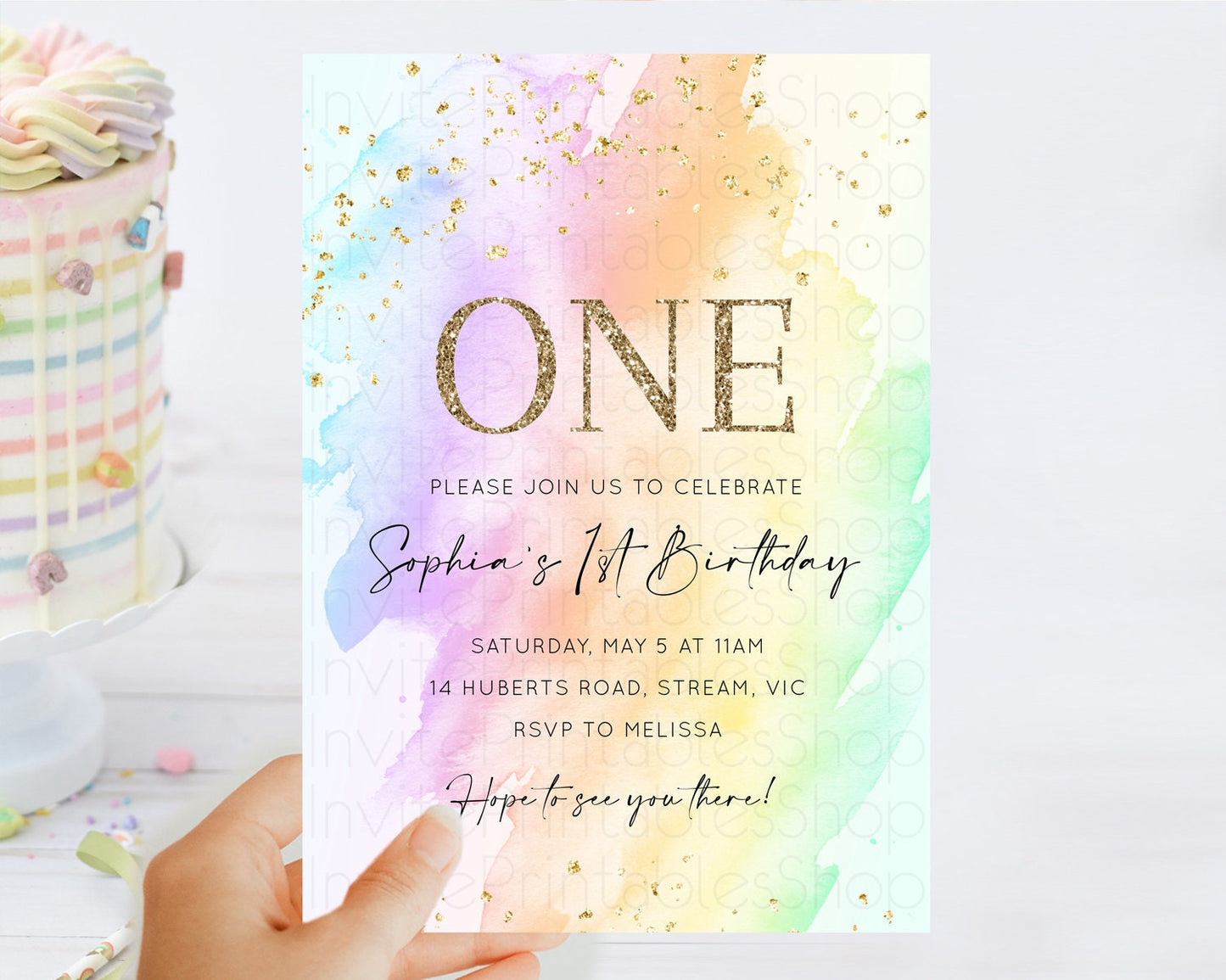Editable Rainbow Birthday Invitation Colorful Pastel Watercolor Invitation G