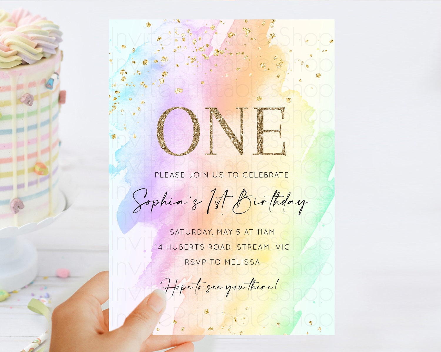 Editable Rainbow Birthday Invitation Colorful Pastel Watercolor Invitation G