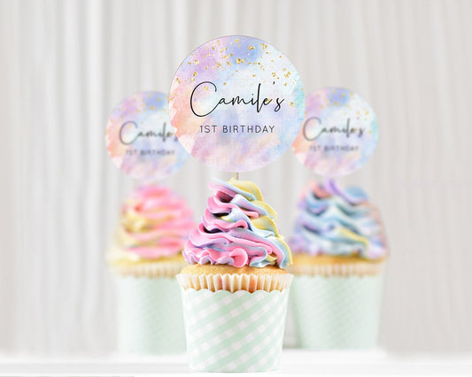 Rainbow Cupcake Toppers Pastel Cupcake Toppers Colorful Pastel Watercolor Cupcake Ombre Pastel Décor Pastel First Birthday Cupcake D10585