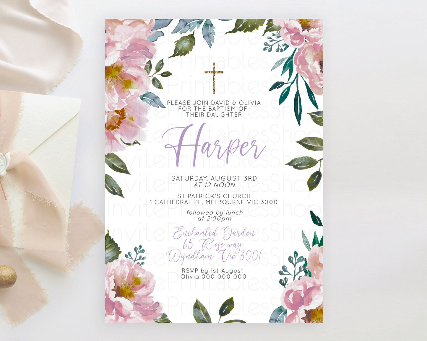 Secret Garden Baptism Invitation Wildflower Baptism Birthday Invite Pastel Flowers Christening Invite Enchanted Garden Boho Floral  D10729