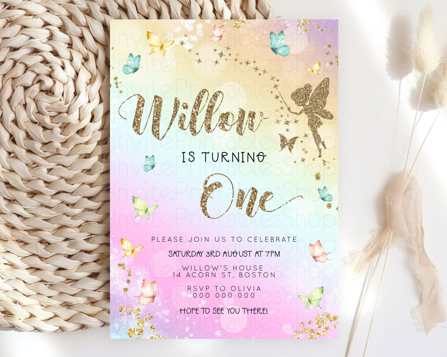 Pastel Fairy Birthday Invitation Pastel Butterflies Fairy Birthday Invitation Rainbow Ombre Watercolor 1st 2nd Birthday Invitation D23156