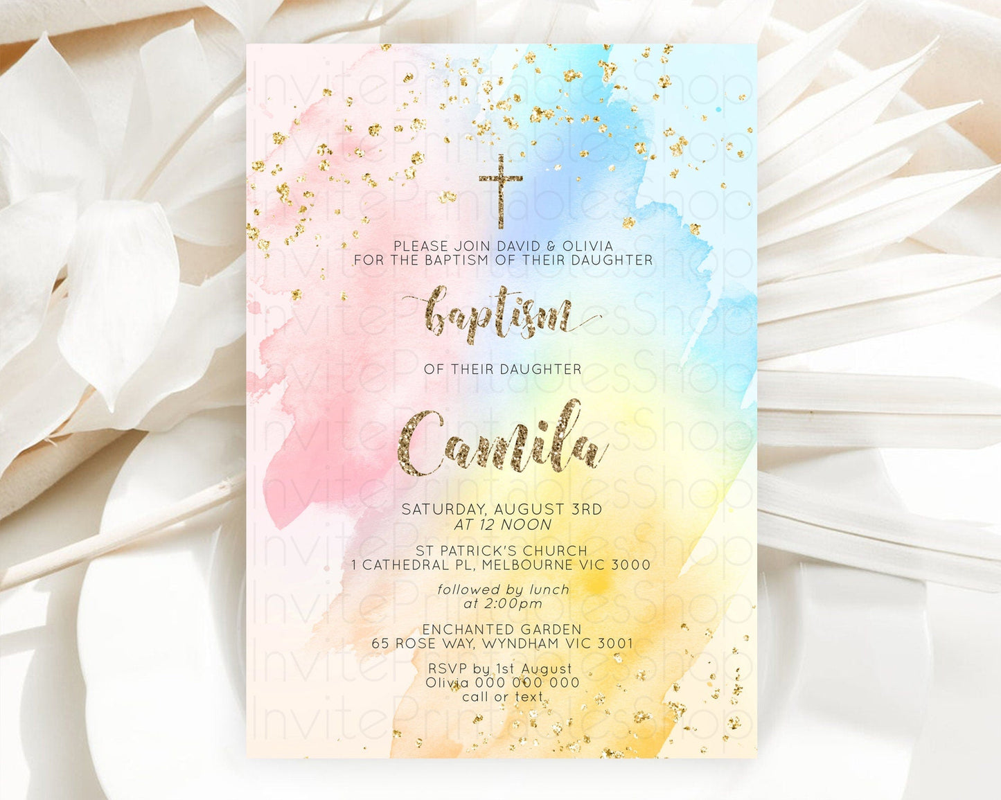 Pastel Baptism Invitation Pastel Colors Watercolor Baptism 1st Birthday Party Gold Ombre Pastel Rainbow Christening Holy Communion D10556