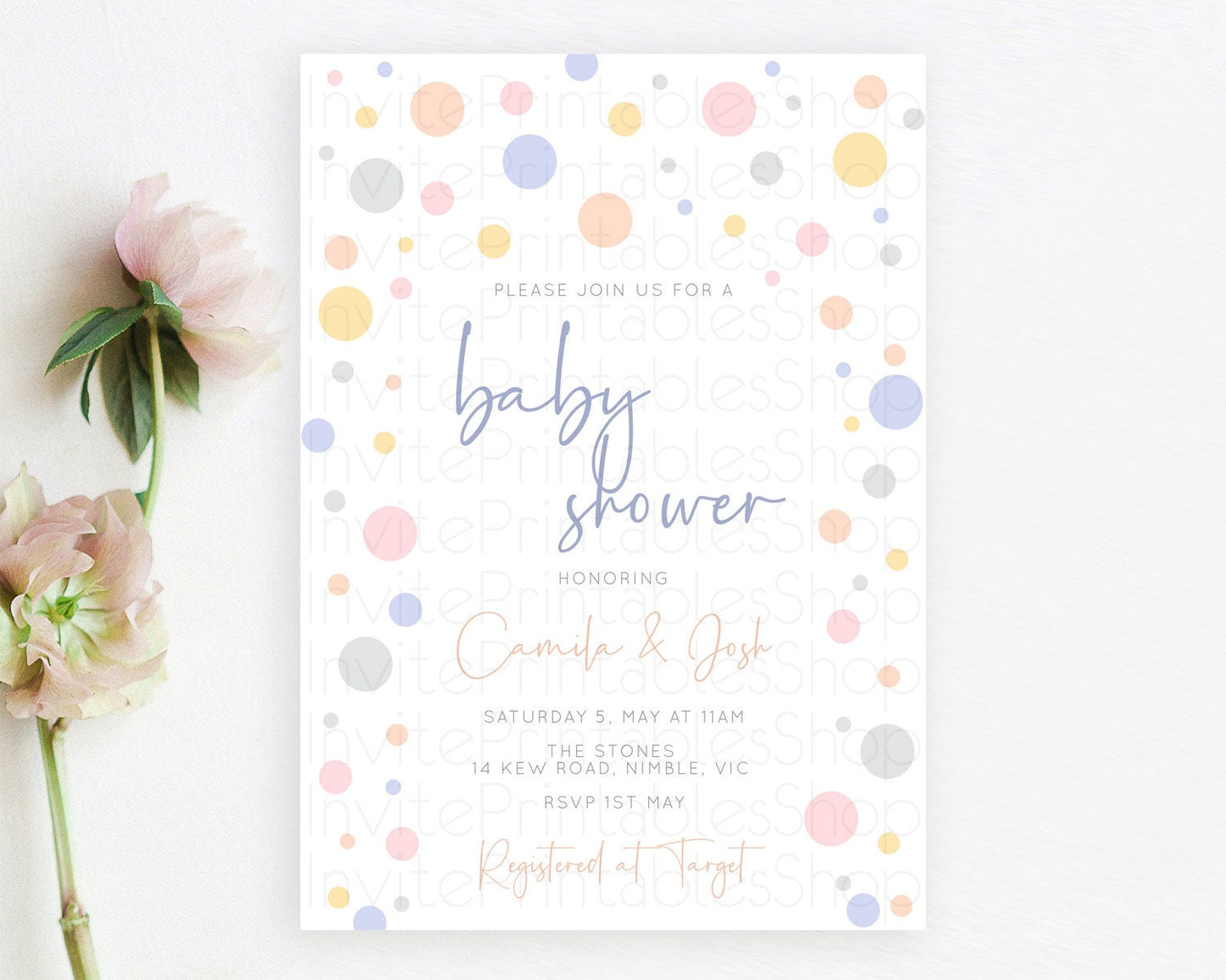 Pastel Rainbow Baby Shower Invitation, Colorful Confetti Sprinkles & Bubbles in Rainbow Soft Pink, Yellow, and Blue POP Invitation D10759
