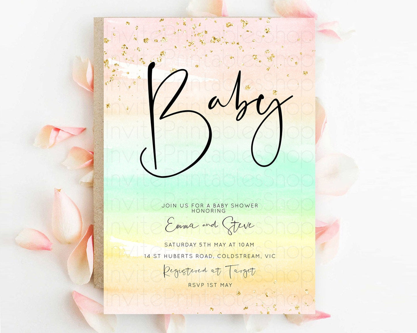 Pastel Baby Shower Invitation Rainbow Baby Shower Invitation Colorful Pastel Watercolor Invitation Gold Glitter Sprinkles Ombre D10591