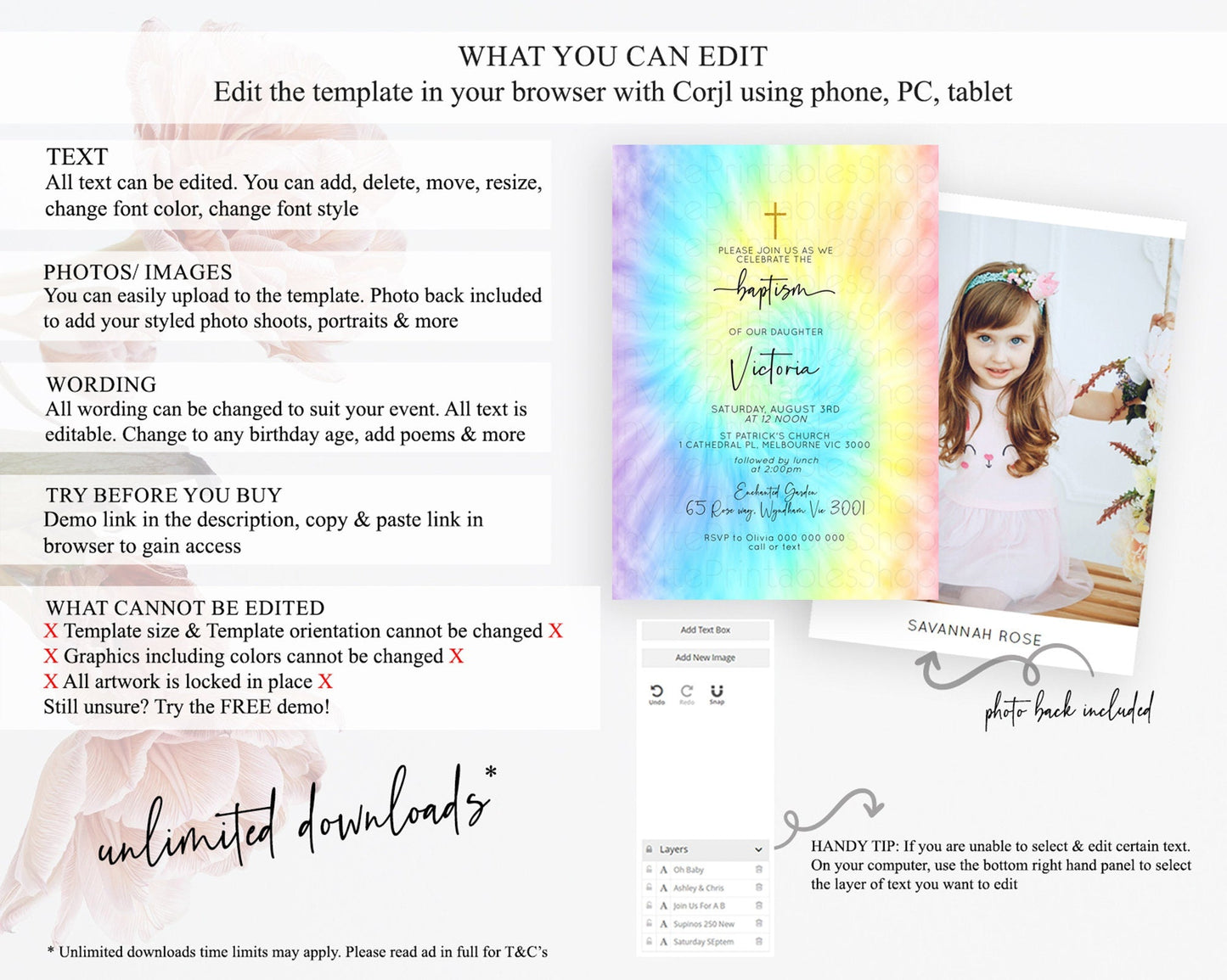 Tie Dye Baptism Invitation Rainbow Baptism 1st Birthday Invitation Pastel Ombre Colorful Christening Invitation Holy Communion D10578