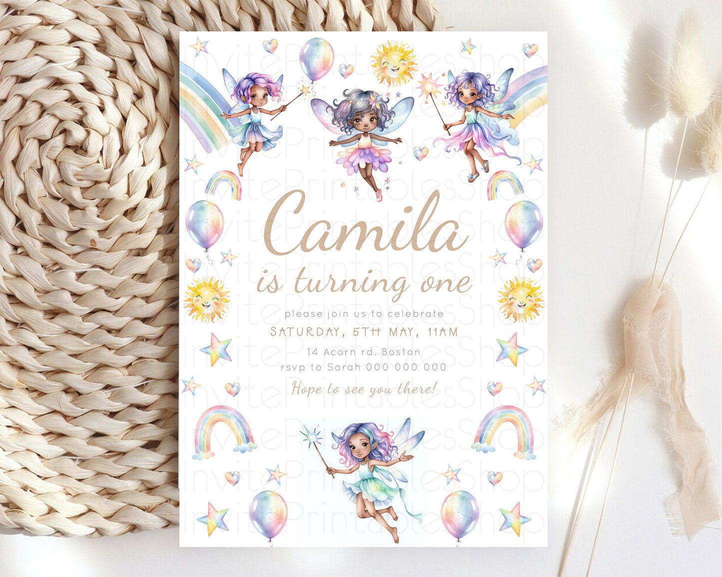 Rainbow Fairy Birthday Invitation Pastel Birthday Invitation Magical Pastel Fairy Party Theme Pastel Stars Heart Sun 1st 2nd Birthday D23374