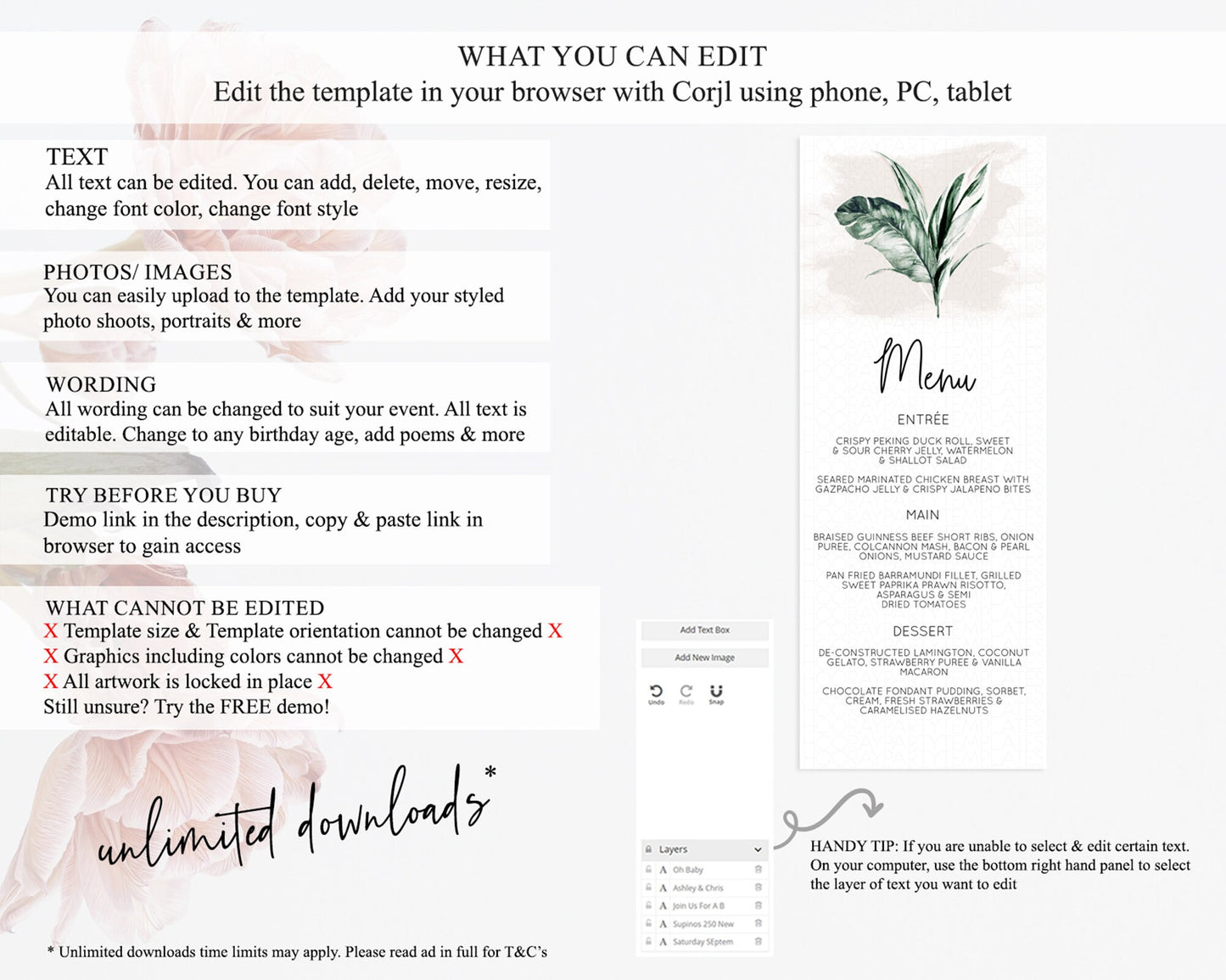 Tropical Menu Template Tropical Menu Palm Leaf Fern Table Decor Frangipani Floral White Orchid Dinner Dessert Menu Party Food Menu D11051