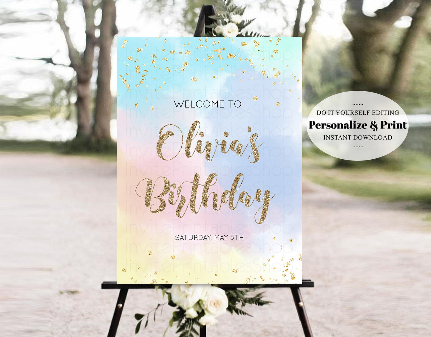 Rainbow Welcome Board Watercolor Pastel Welcome Sign Colorful Splash Glitter Poster 1st Birthday Poster Baby Shower Sign Bridal Shower Sign