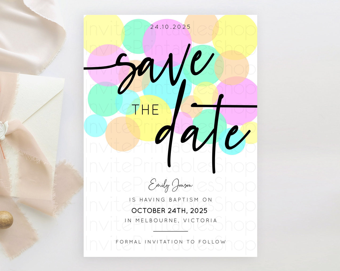 Pastel Confetti Save The Date Template Rainbow Colorful Sprinkles Party For 1st Birthday Baptism Baby Shower Wedding Bridal Shower D10410