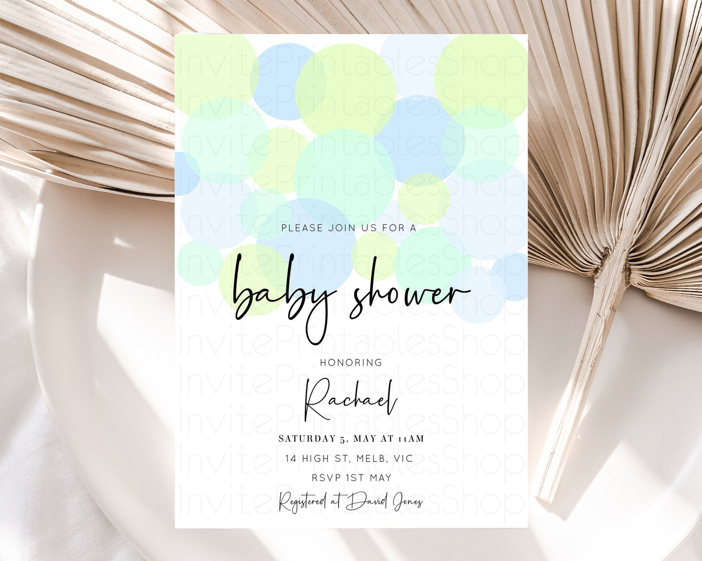 Pastel Baby Shower Invitation Colorful Rainbow Bubbles Confetti Sprinkles Blue Pink Yellow Green Boy Girl Gender Reveal Neutral 208