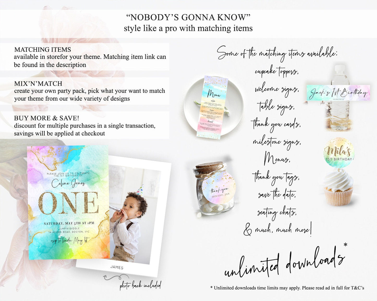 Rainbow Birthday Invitation Colorful Pastel Watercolor Invitation Gold Glitter Sprinkles Ombre Pastel 1st 2nd 3rd Birthday D10393