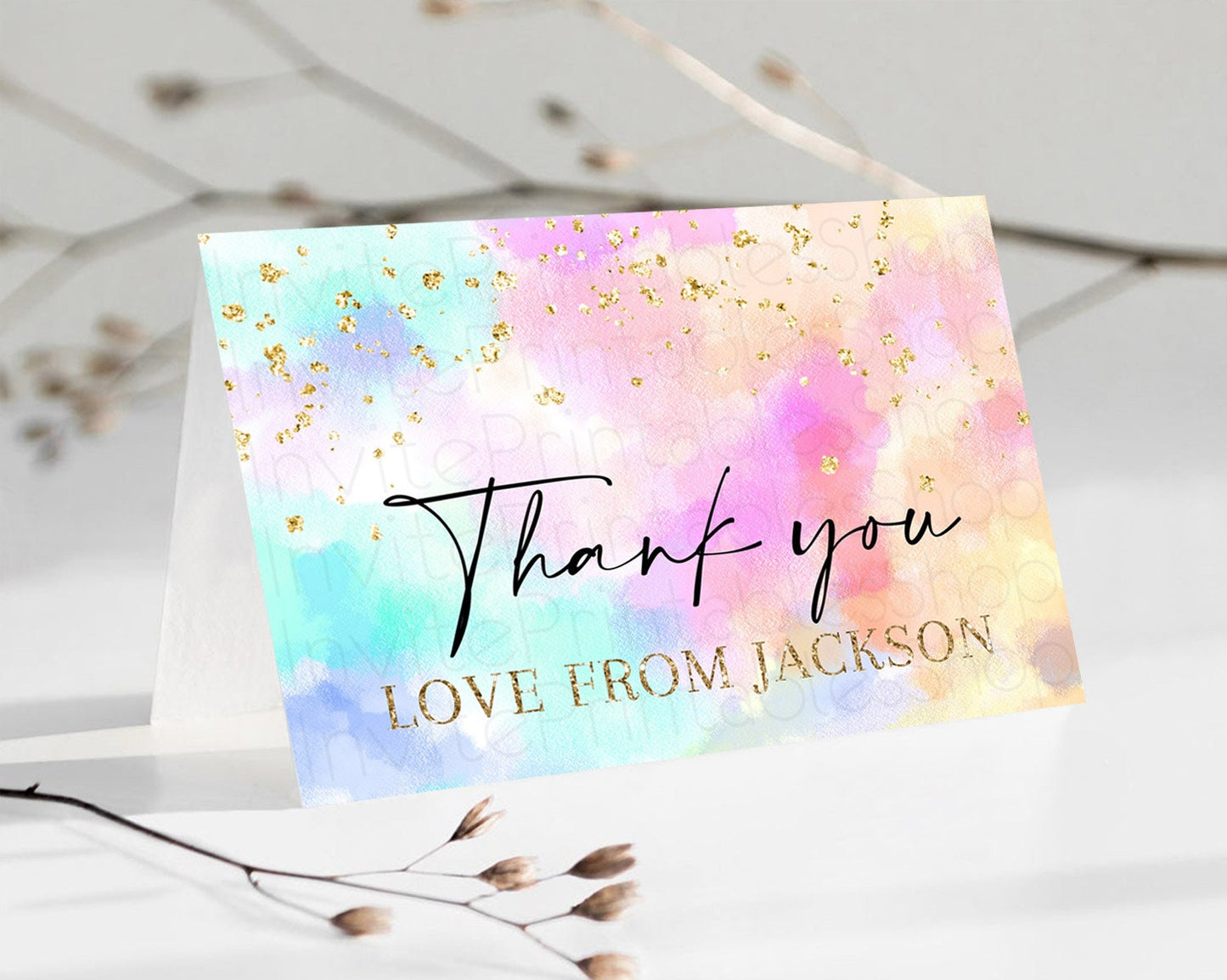 Pastel Thank You Rainbow Thank You Card Colorful Pastel Birthday Thank You Card Confetti Watercolor Pastel Teacher Thank You Cards D10667