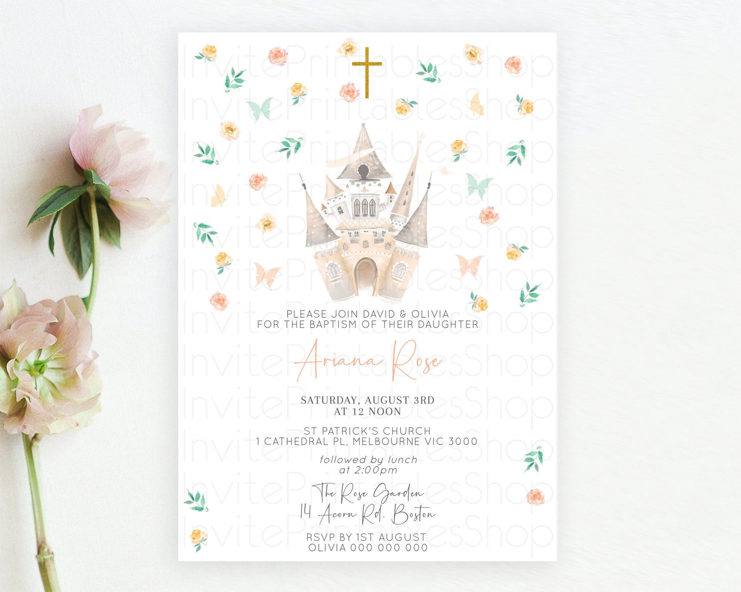 Princess Baptism Invitation Enchanted Castle Baptism 1st Birthday Invitation Royal Party Pastel Floral Secret Garden Christening D10363