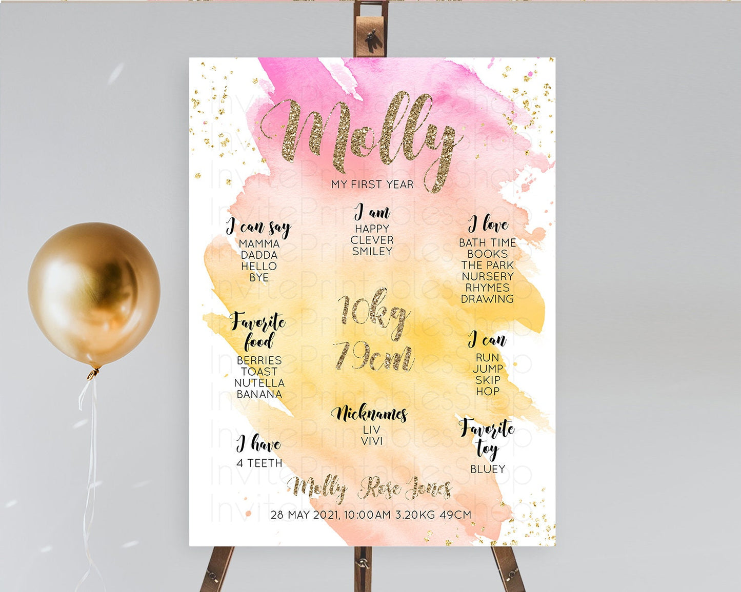Pastel First Birthday Milestone Board Pastel Rainbow Milestone Poster Colorful Confetti Watercolor Glitter 1st Birthday Welcome Sign D10526