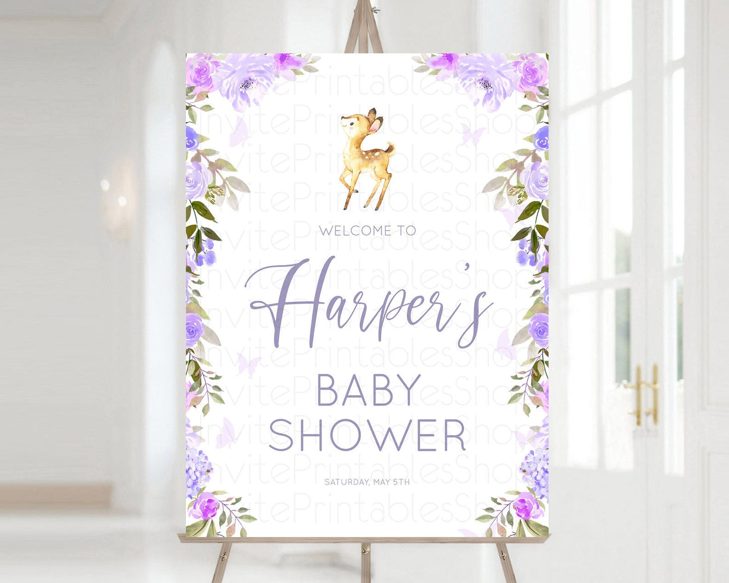 Fawn Baby Shower Welcome Sign Deer Welcome Board Floral Deer Welcome Poster Enchanted Forest Butterfly Pastel Floral Welcome Sign D10916