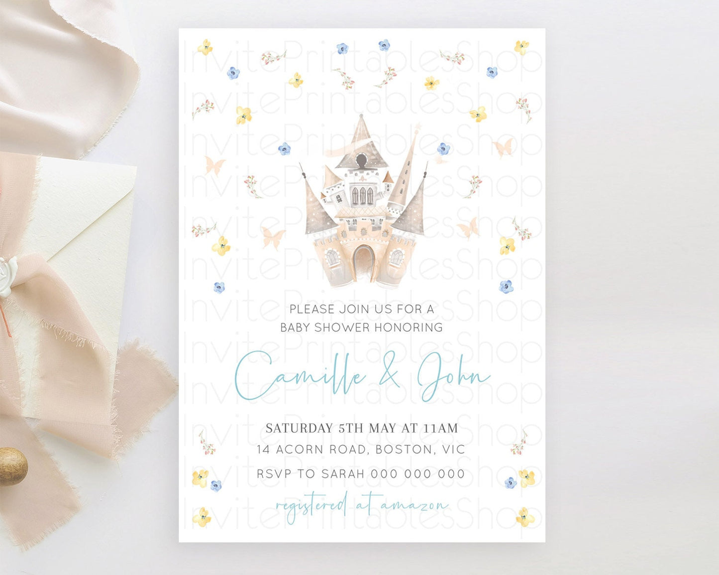 Enchanted Castle Baby Shower Invitation: Secret Garden, Blue Yellow Flowers, Floral Garden, Royal Baby, Prince and Princess Theme D10365