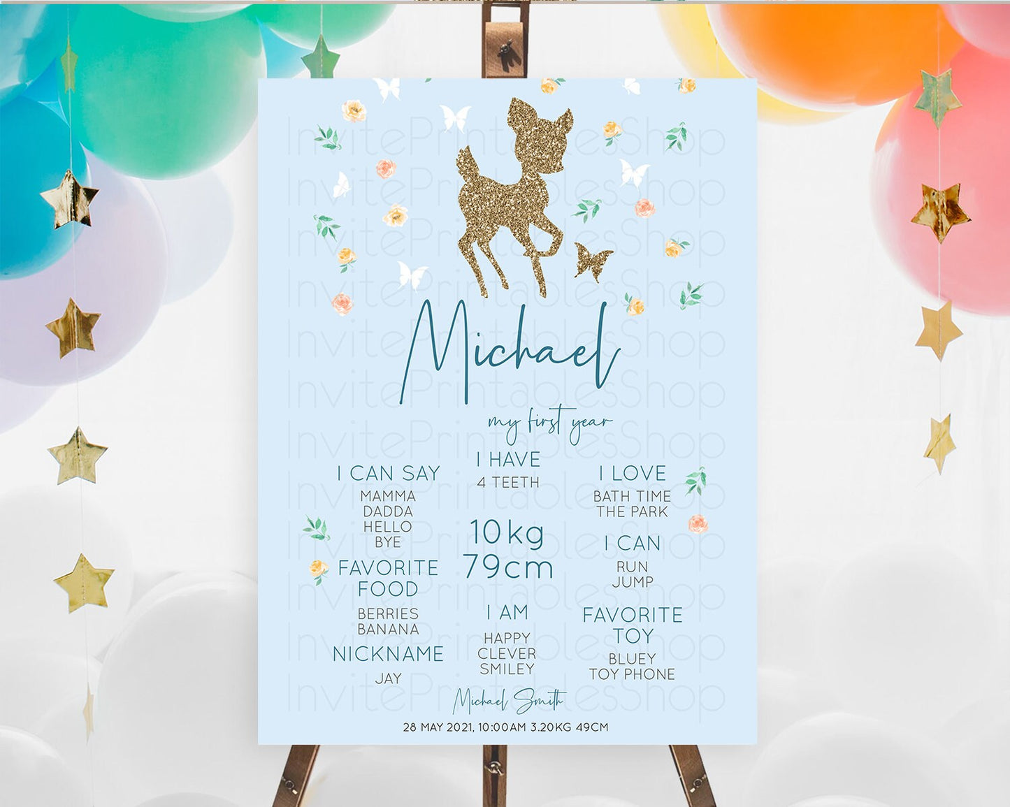 Fawn First Birthday Milestone Board Deer First Birthday Milestone Poster Enchanted Forest Butterfly Pastel Flowers 1st Birthday Sign D10902