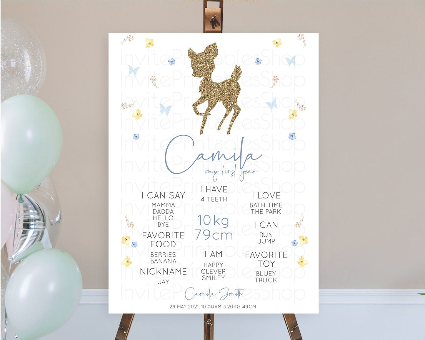 Fawn First Birthday Milestone Board Deer First Birthday Milestone Poster Enchanted Forest Butterfly Pastel Flowers 1st Birthday Sign D10360