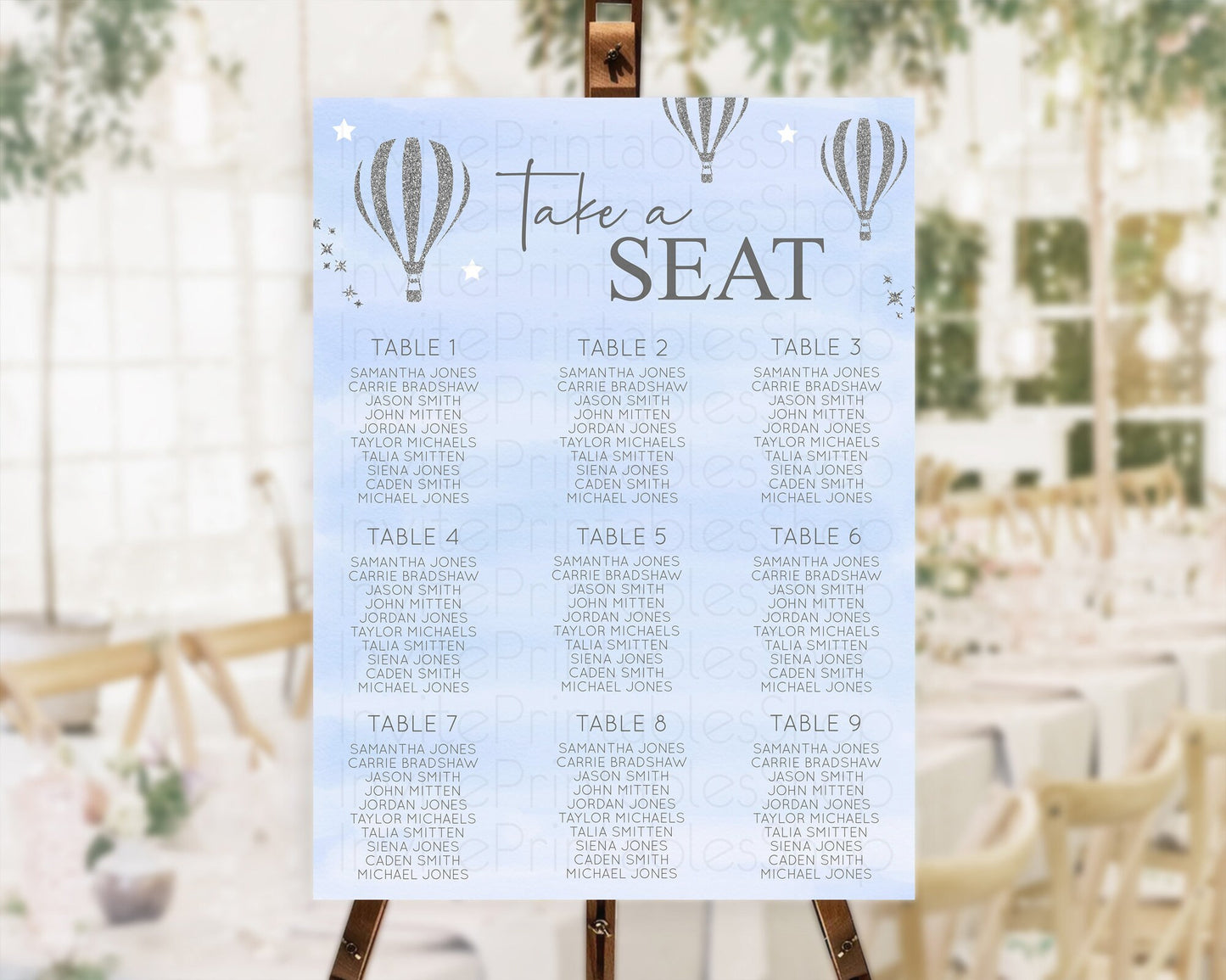 Hot Air Balloon Seating Chart Hot Air Balloon Seating Chart Adventure Awaits Up & Away Glitter Blue Watercolor Seating Take a Seat D10334